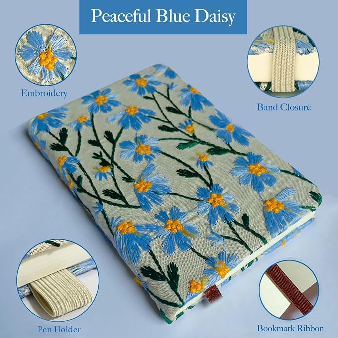 A5 Notebook, Flower Journal, Embroidered Notebook, Lay Flat, Wide Ruled Paper - Image 7
