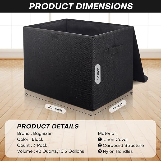 Large 17" 42 Quarts Collapsible Stackable Storage Bins with Lids [3-Pack] Foldable Fabric Linen Storage Boxes Cube, Closet Organizer Baskets with Label (16.7 x 12 x 12", Black)-DeskLoop Office