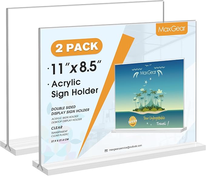 MaxGear Acrylic Sign Holder Horizontal Double Sided Display Stand 2 Pack | by MaxGear