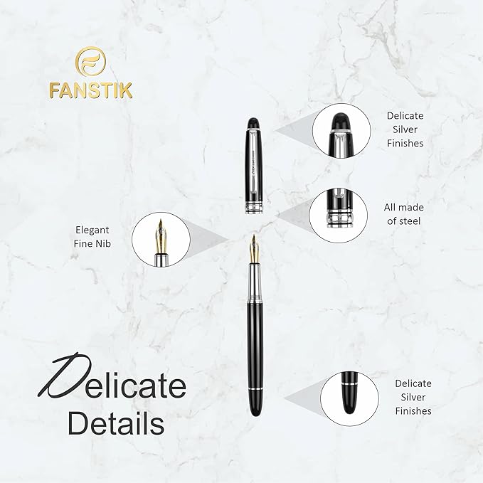 Customized Fountain pen with name (MADE IN USA), stainless steel, black and Silver, luxury engraved pen personalized for men and for women. (Fountain Black-Silver)-DeskLoop Office
