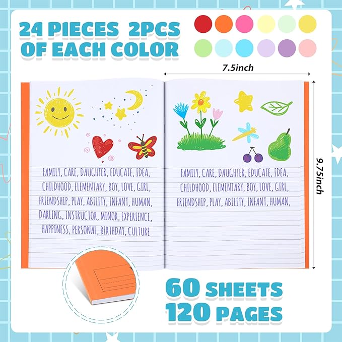Henoyso 24 Pcs 120 Pages Primary Composition Notebooks K-2 9 3/4 x 7 1/2 Inch Journals Primary Journals Blank Books for Kids to Write Stories Kindergarten (Classic Color)-DeskLoop Office