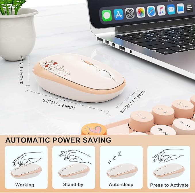 FOPETT Wireless Keyboard and Mouse Combo - 2.4G Full-Sized Cute Colorful Retro Keyboard with Round Keycaps 104 Keys Typewriter Keyboard for Laptop/Windows/PC - Milk Tea Colorful-DeskLoop Office