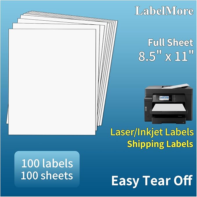 LabelMore 100 Sheets, Printable Sticker Paper, 8.5" x 11" Sticker Printer Paper by LabelMore