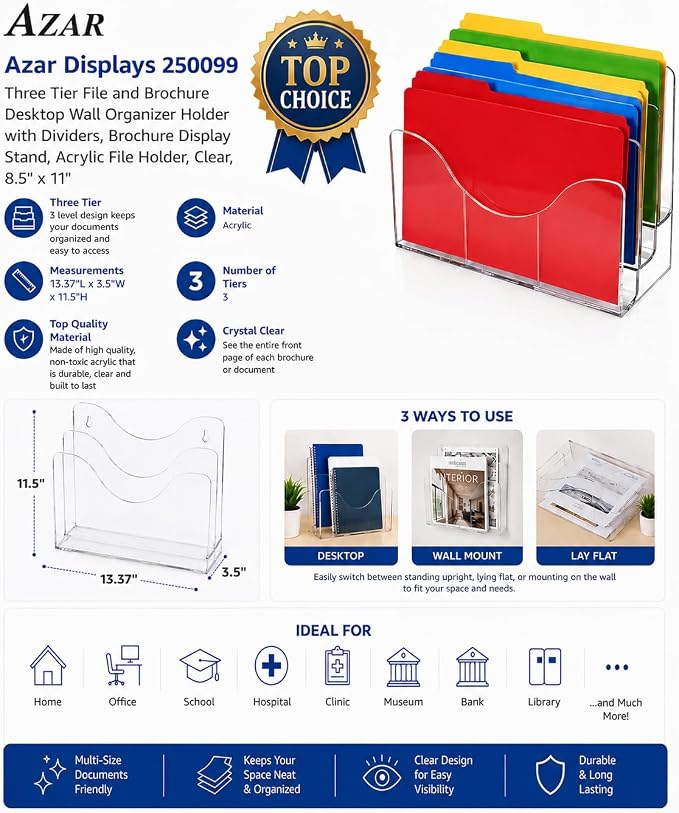 Azar Displays 250099-6PK Three Tier File and Brochure Desktop Wall Organizer - Image 5