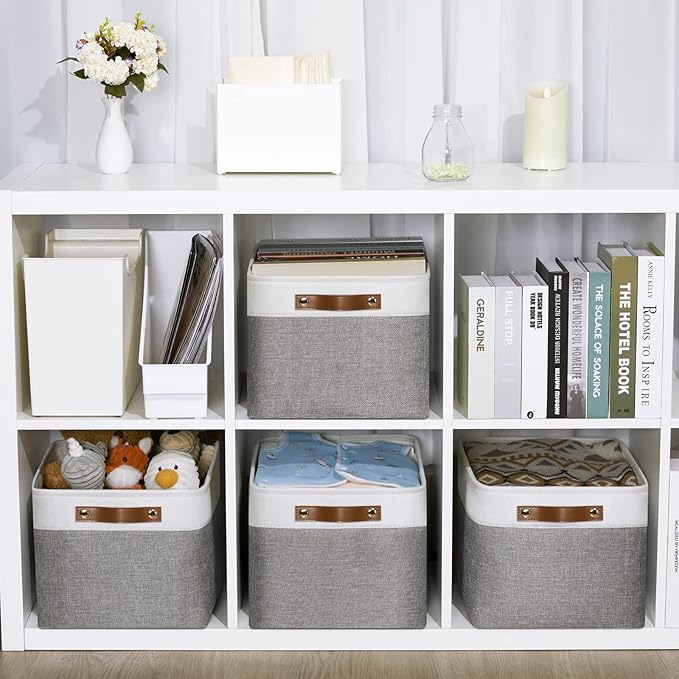 DULLEMELO Fabric Baskets for Storage, Office, Home,Nursery,Organizing Baskets for Shelves, Bedroom, Toys,Gift,Fabric Storage Basket with Handles(White&Grey,15"x11"x9.5",4-Pack)-DeskLoop Office