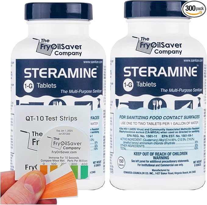 2 Bottles Steramine Sanitizer Tablet 15xQT-10 Test Strip, Multi Purpose Steramine Sanitizing Tab for Food Contact Surface Kitchen, Restaurant, Diner & Food Service by FryOilSaver Co. (300 Tablets)-DeskLoop Office