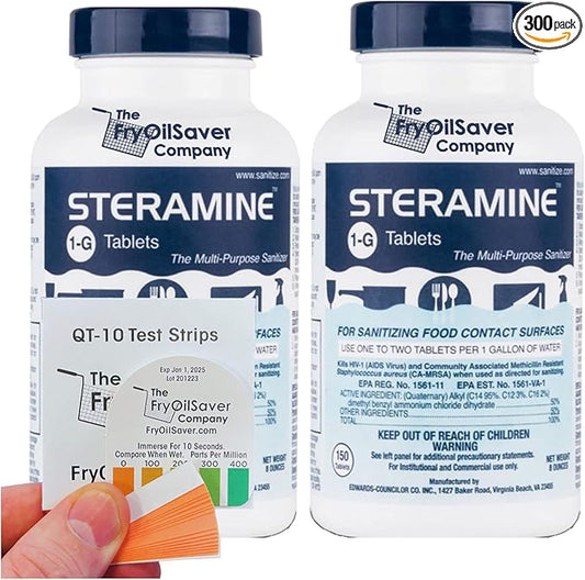 2 Bottles Steramine Sanitizer Tablet 15xQT-10 Test Strip, Multi Purpose Steramine Sanitizing Tab for Food Contact Surface Kitchen, Restaurant, Diner & Food Service by FryOilSaver Co. (300 Tablets)-DeskLoop Office