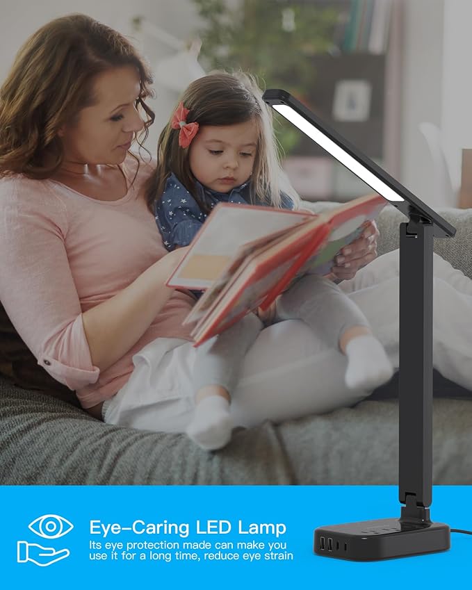 Power Strip with LED Desk Lamp, 10 Ft Extension Cord with 3 Outlets 4 USB Ports(2 USBC), 4 Modes 5 Level Touch Lamp Small Desk Lamps for Home Office College Dorm Room, Study Reading Light - BK-DeskLoop Office