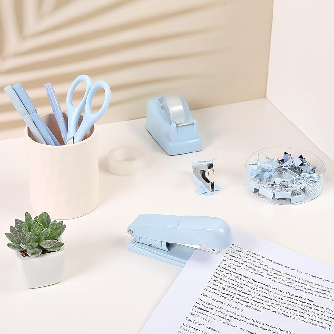 SKYDUE Blue Office Desk Accessories, Tape Dispenser, Clips and 1000pcs Staples - Image 8