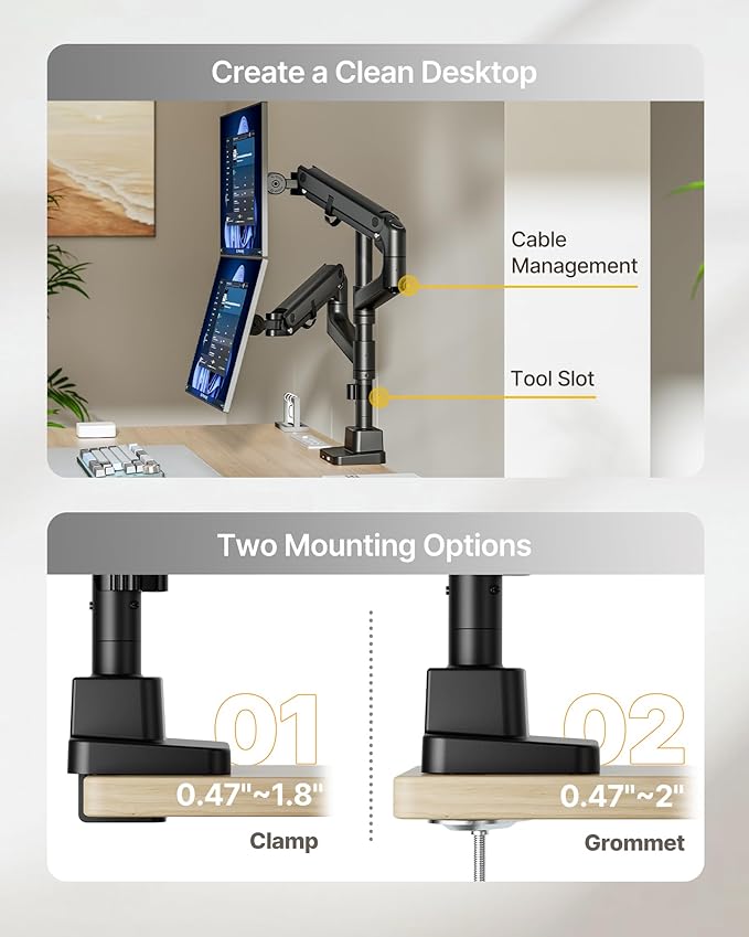 monTEK 17-57 Inch Dual Ultrawide Monitor Arm for Up to 59.4lbs Screen, Aluminum Heavy-Duty Gas Spring Vertical Stackable Curved Screen Adjustable Monitor Stand,75/100mm Vesa Mount, Black-DeskLoop Office