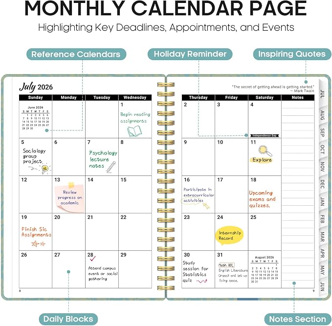 Planner 2026–2027, Academic Monthly Weekly Spiral Calendar, July 2026 – June - Image 2