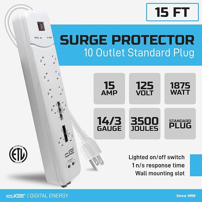 Digital Energy 10-Outlet Straight Plug 4050 Joules Heavy Duty Surge Protector (15 FT, WHT)-DeskLoop Office