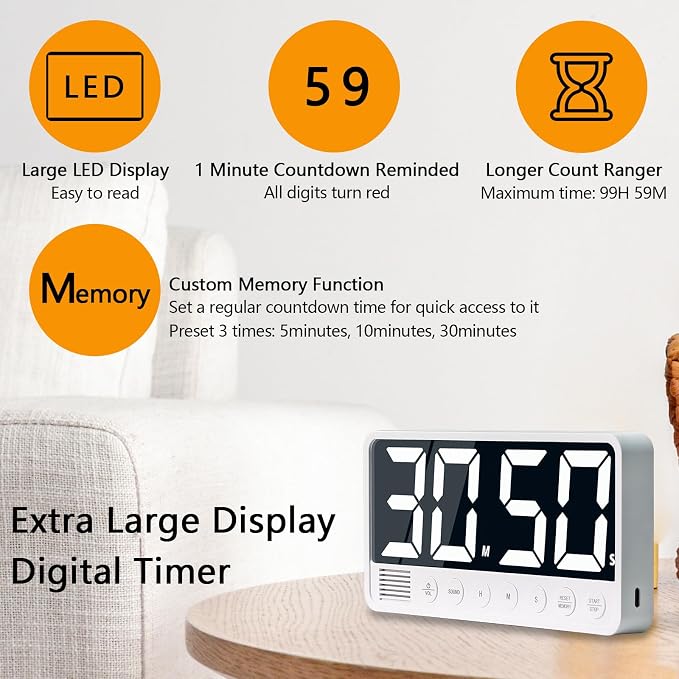 Digital Kitchen Timer with 7.1” Extra Large Display, Rechargeable Magnetic LED - Image 4