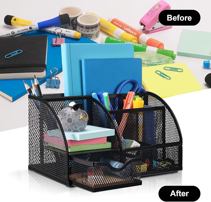 Comix Mesh Pen Pencil Holder Desk Organizer, 7 Compartment Wire Desktop Pen - Image 6
