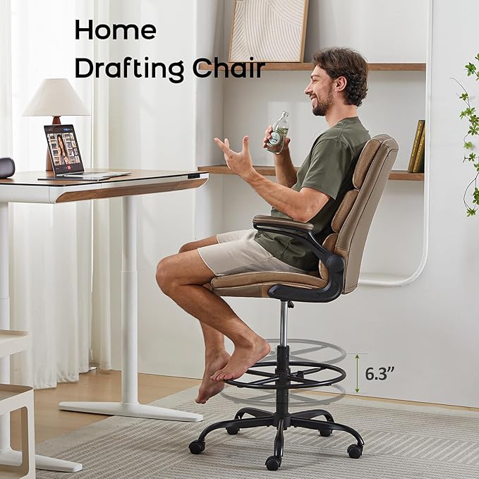 Drafting Chair Tall Office Chair with Padded Flip-up Armrests Executive Ergonomic Computer Standing Desk Chair with Comfortable Leather Backrest and Adjustable Footrest Ring (Tan)-DeskLoop Office