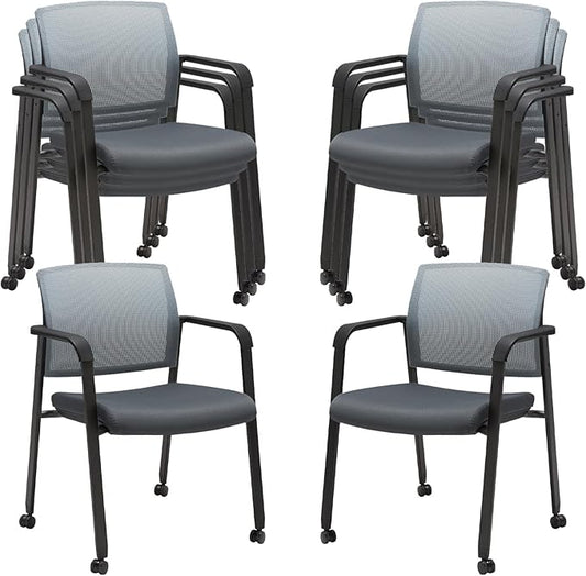 CLATINA Mesh Back Stacking Arm Chairs with Upholstered Fabric Seat and Ergonomic Lumbar Support for Office School Church Guest Reception (WithWheels Gray- 8 Pack)-DeskLoop Office