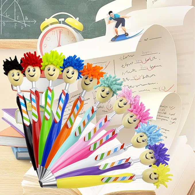 11pcs Mop Head Pens, Top Mop Fun Tip Pens, Funny Plush Hair Top Ballpoint Pen, Writing Click Pens, Mophead Ballpoint Pens, Signing Pens Office Gifts for Christmas, Back to School, Birthday-DeskLoop Office
