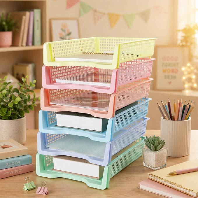 Set of 6 Pastel Turn in Trays for Teachers Stackable Classroom Paper Letter - Image 4