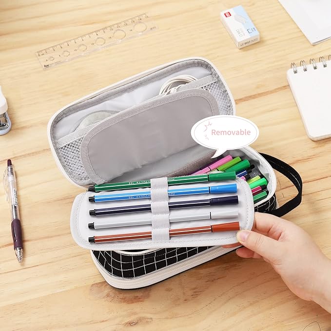 Large Pencil Case Zipper Pencil Pouch for Girls Boys Adults Kids Aesthetic Pencil Bag Organizer Big Capacity Pens Bag with Handle Portable for School Office Black-plaid-DeskLoop Office