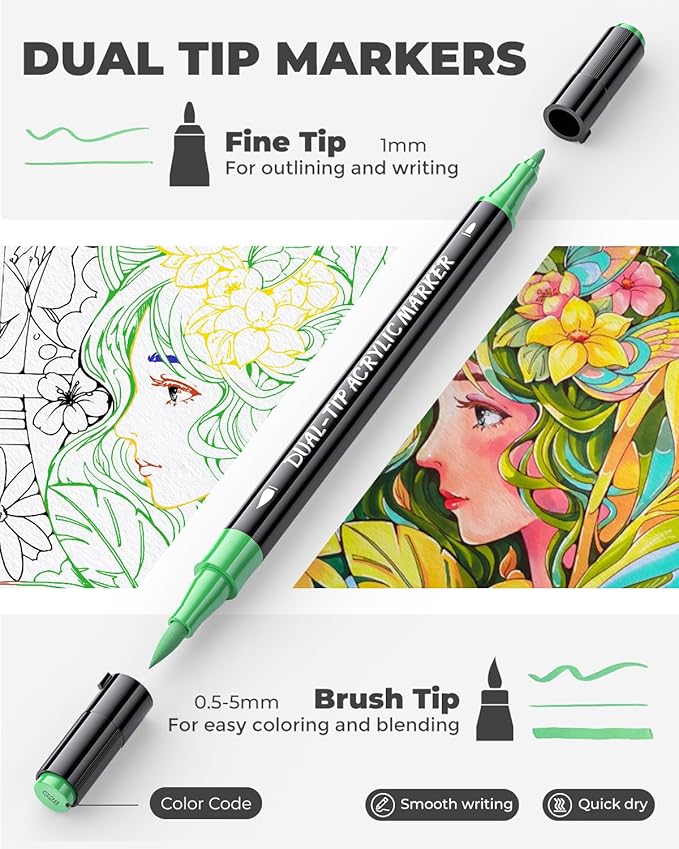 JusArt 48 Colors Acrylic Paint Markers Set With Bag, Dual Tip with Brush Tip and Fine Tip Paint Pens for Rock Painting, Wood, Egg, Canvas, Glass, Stone, Ceramic, DIY Crafts Professional Art Supplies-DeskLoop Office