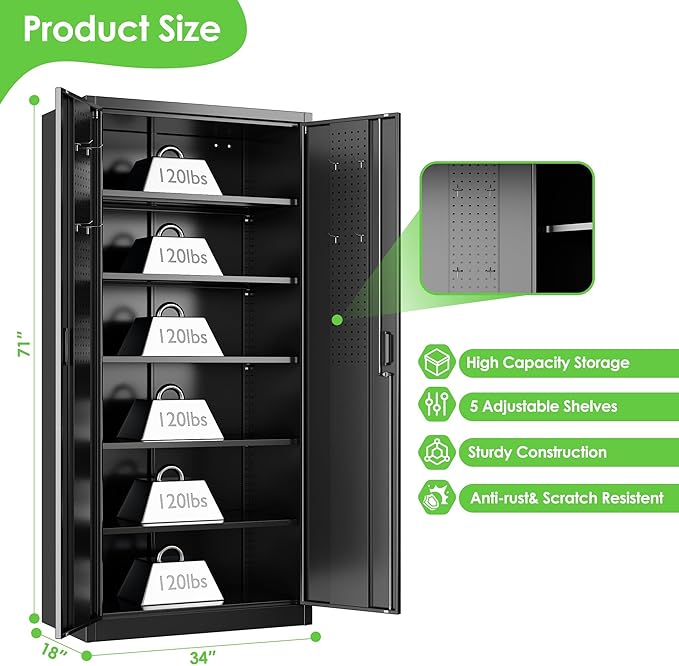 Aobabo Upgraded 71" H×34" W×18" D Metal Garage Storage Cabinet with Pegboards, Lockable Steel Cabinet with 5 Adjustable Shelves and 4 Hooks for Garage, Home, Office, Black,Assembly Required-DeskLoop Office