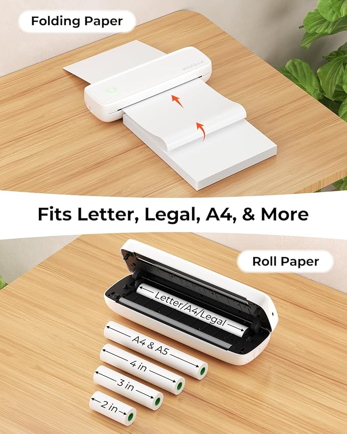 MUNBYN Portable Printers Wireless for Travel ITP04, Inkless Printer, Thermal Bluetooth Printer, Support 8.5x11&A4 Thermal Paper, Compatible with Android and iOS Phone & Laptop, Small Printers (White)-DeskLoop Office