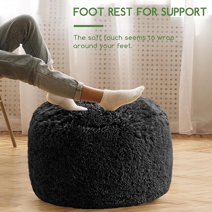 HIGOGOGO Round Stuffed Pouf Ottoman, Long Faux Fur Poufs with Foam Chunk Filling, Fluffy and Furry Pouf Foot Stool Storage Ottoman, 26 X 18 Floor Poufs Foot Rest for Living Room, Black-DeskLoop Office