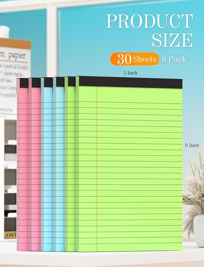 Small Legal Pads 5x8 Colored Note Pads, 6 Pack Small Notepads for Work, Pink Notepad 5x8 Mini Legal Pad, Colored Legal Pads 5x8 for Home Office Supplies, Lined Notebook Paper 5x8 Notes, 30 Sheets/Pad-DeskLoop Office
