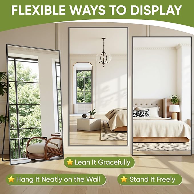 Full-Length Floor Mirror with Stand, 71"x32" Rectangle Style Full Body Standing Mirror for Bedroom, Living Room, Gym, Dorm - Shatter-Resistant & Easy Assembly, Black-DeskLoop Office