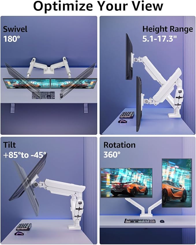 Dual Monitor Mount for 32 27 24 22inch Screens, Gas Spring Monitor Stand for 2 Monitor, Full Adjustable Monitors Desk Mount with C-Clamp＆Grommet Base, Each Arm Holds 4.4-22 lbs, Freelift Pro White-DeskLoop Office