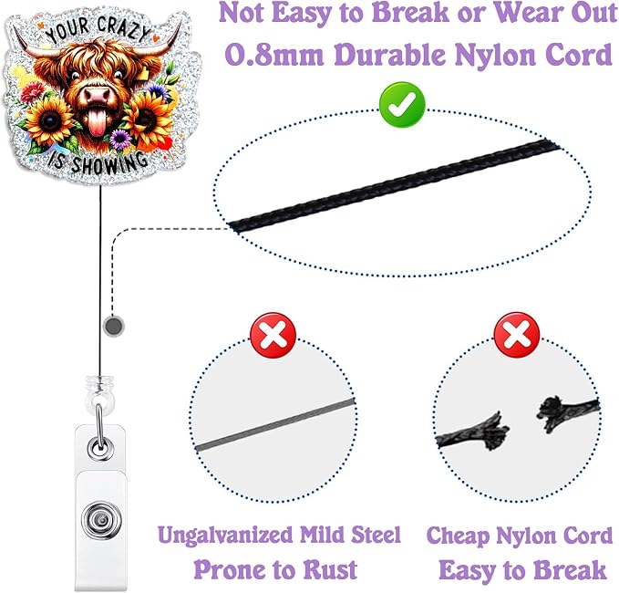 Your Crazy is Showing Highland Cow Badge Reel Retractable, Funny Nurse Badge - Image 4
