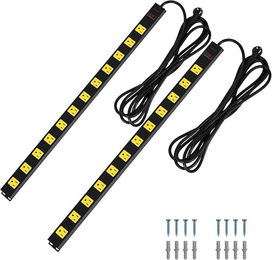 SURAIELEC 12 Outlet Long Metal Power Strip, 15FT Cord Surge Protector, Angled Flat Plug, Wide Spaced Outlet Bar, 15A Breaker, Wall Mountable, Industrial Heavy Duty for Work Bench, Shop, Garage, 2 Pack-DeskLoop Office