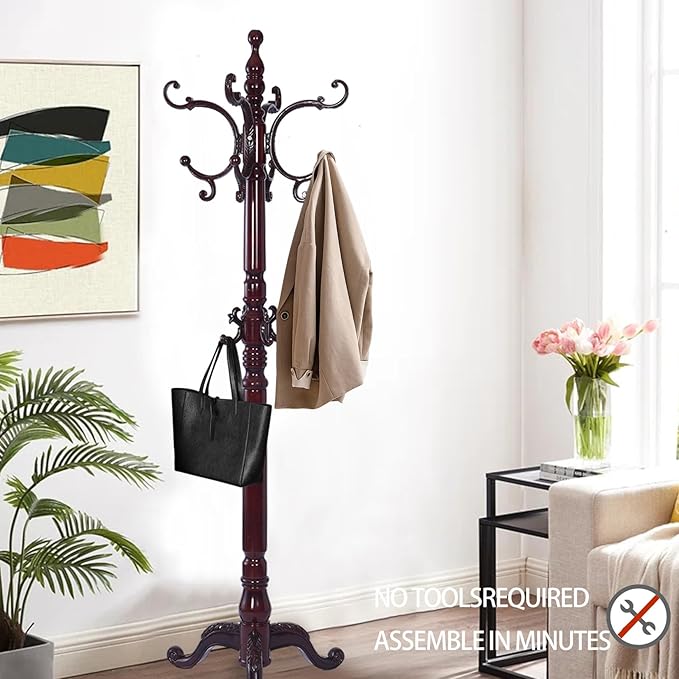 Wooden Coat Racks, Retro 78" Coat Tree with 14 Hooks & Stable Triangular Base, Entryway Coat Rack Freestanding for Hat, Clothes, Scarves, Handbags, Umbrella (Mahogany)-DeskLoop Office