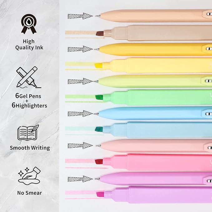 Piochoo Highlighters and Black Pens Set, 6 Pack 0.5mm Cute Gel Pens - Image 2