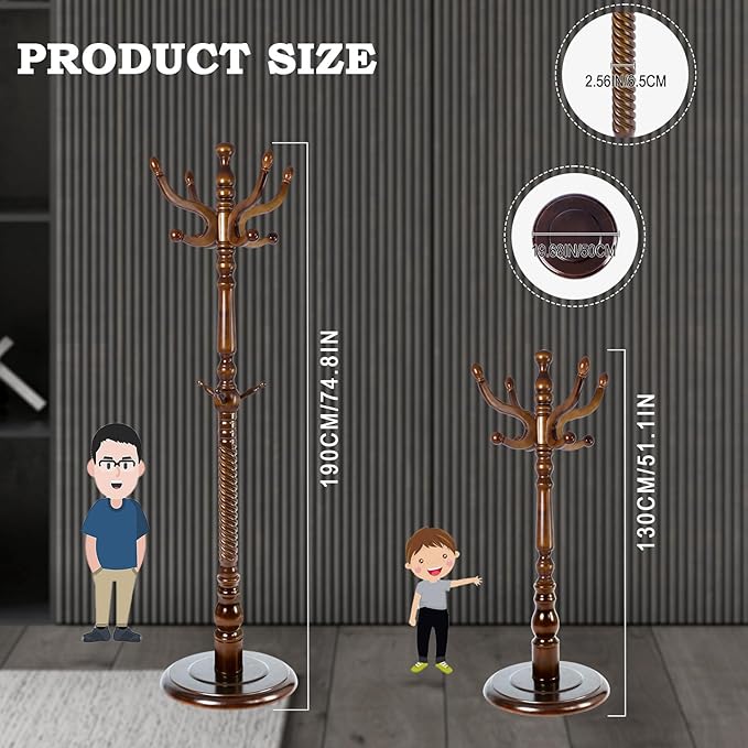 Coat Racks FreeStanding with 11 Hooks, Natural Wood Coat Rack with Solid Round Base, Adjustable Height Coat Racks, Easy Assembly for Hallway, Bedroom and Office (Walnut-Solid Round Base)-DeskLoop Office