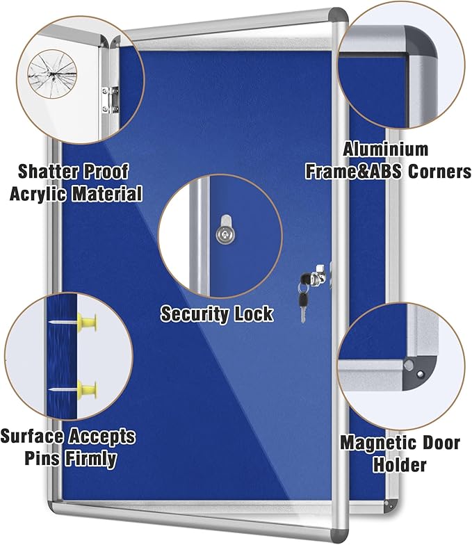 38"x28" Enclosed Bulletin Board, Lockable Weather-Resistant Aluminum Cork Noticeboard for School & Office, Silver Frame w/Blue Flet-DeskLoop Office