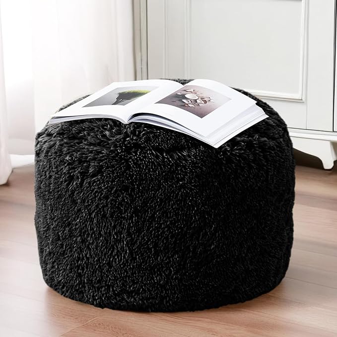 HIGOGOGO Round Stuffed Pouf Ottoman, Long Faux Fur Poufs with Foam Chunk Filling, Fluffy and Furry Pouf Foot Stool Storage Ottoman, 20 X 15 Floor Poufs Foot Rest for Living Room, Black-DeskLoop Office