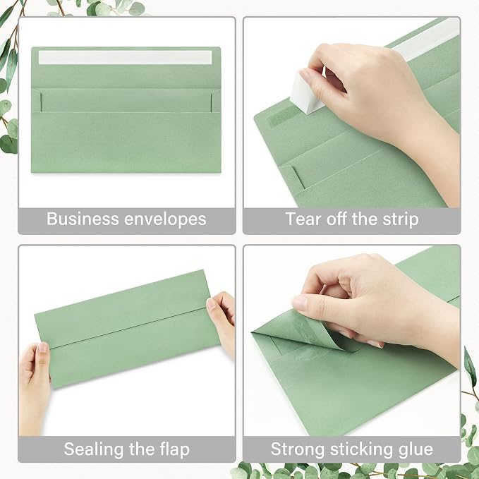 200 Pack #10 Business Envelopes, Self Seal Standard Sage Green Envelopes - Image 4