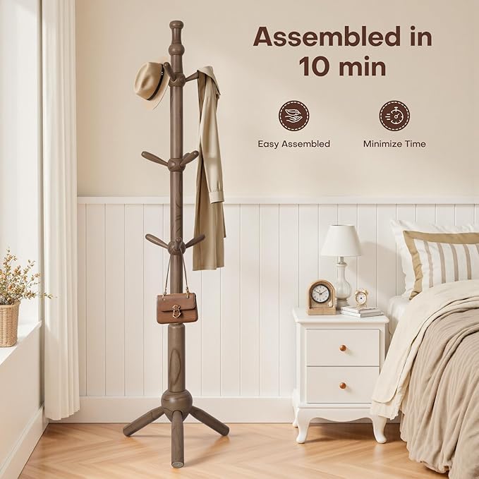 Wooden Coat Rack Stand - Coat Rack Freestanding with 9 Hooks, Adjustable Height, Clothes Hat Organizer, Heavy Duty Coat Hanger Stand for Bedroom, Entryway, Hallway, Office, Dorm, Walnut-DeskLoop Office