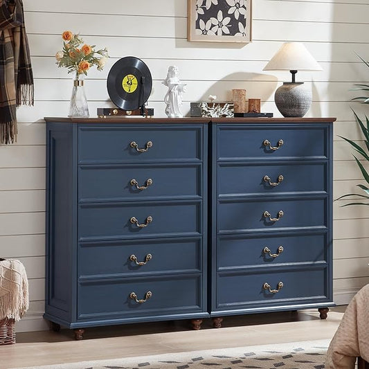 Farmhouse 5 Drawer Dresser Set of 2 for Bedroom, 45" Tall Rustic Chests of Drawers w/ 4 Solid Wood Feet, Mid Century Vintage Wooden Closet Storage Dressers Organizer for Living Room, Navy Blue-DeskLoop Office
