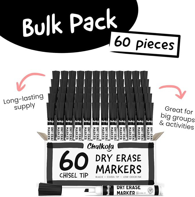 Chalkola 60 Black Dry Erase Markers Bulk Pack, Back to School Supplies - Image 2