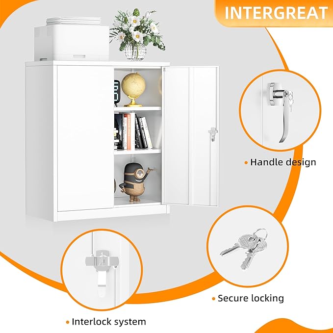 INTERGREAT Metal Cabinet with Lock, Lockable Metal Storage Cabinets with Doors and Shelves for Garage, White Locking Garage Storage Cabinets 36"×32"×16"-DeskLoop Office
