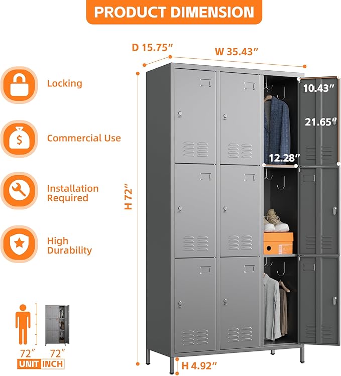 9 Doors Metal Locker with 27 Hooks and Business Card Holder,Metal Lockers for Employees with Ventilation Holes for School Office Gym Garage,Assembly Required,Dark Grey-DeskLoop Office