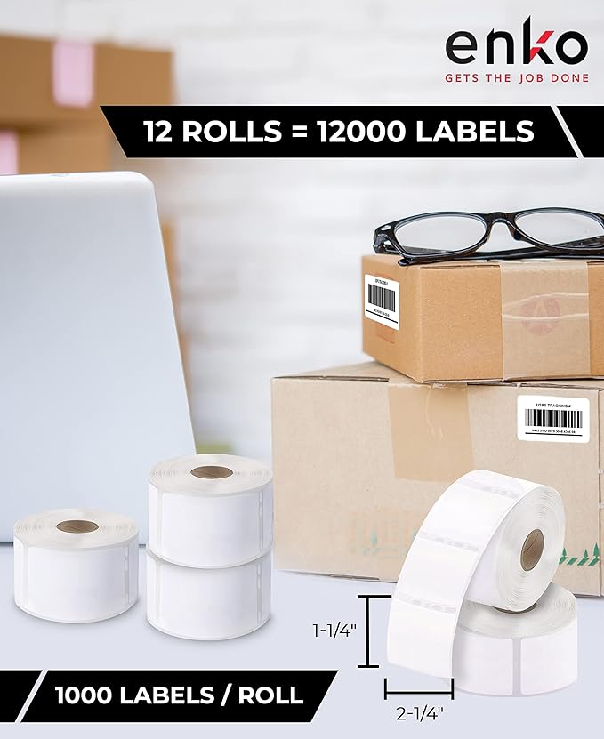 enKo (12 Rolls / 12000 Labels) 30334 Dymo Compatible Multipurpose Barcode (1-1/4" x 2-1/4")-DeskLoop Office