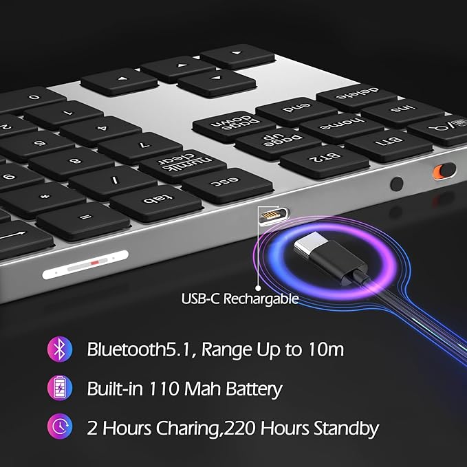 Foloda Bluetooth Number Keypad, Wireless 10 Keys Number Pad for Laptop, 34 Keys Rechargeable Numeric Numpad Key Pad Extensions Keyboard for Chromebook Notebook MacBook-DeskLoop Office