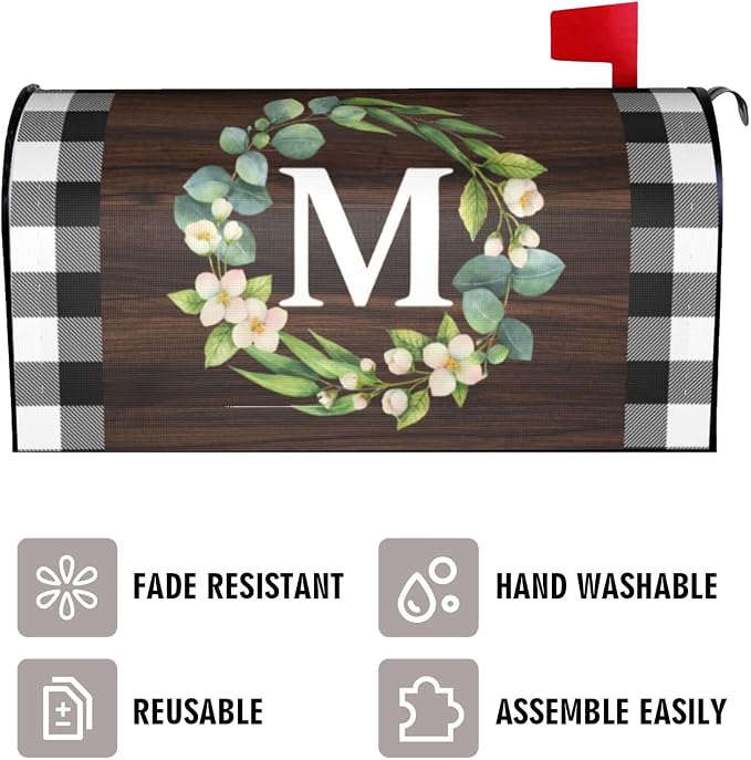 Wreath Monogram Letter M Mailbox Covers, Buffalo Plaid Outdoor Magnetic Mailbox - Image 3