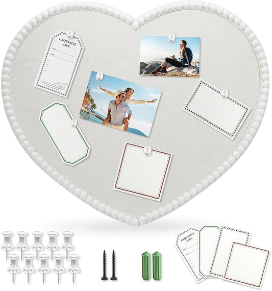 Large Heart Cork Bulletin Board with Linen, 24x19 Inch White Wood Frame Cute Picture Pin Board, Decorative Vision Board for Home Office, Study, Bedroom and Dormitory-DeskLoop Office