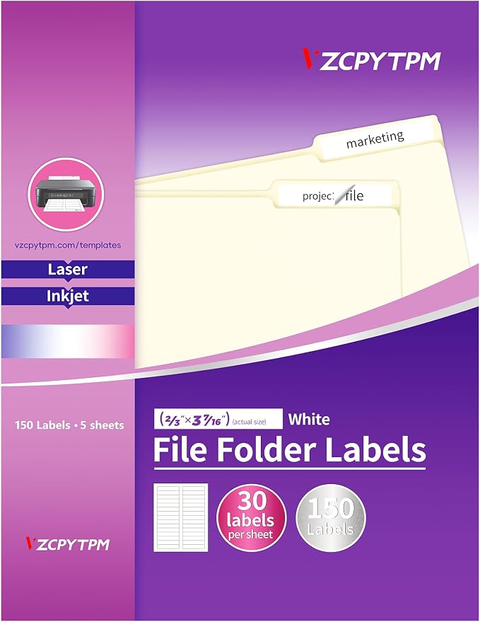 File Folder Labels, 150 Labels 1/3 Cut, Self Adhesive Labels, Printable by OfficeSuppliesDirect