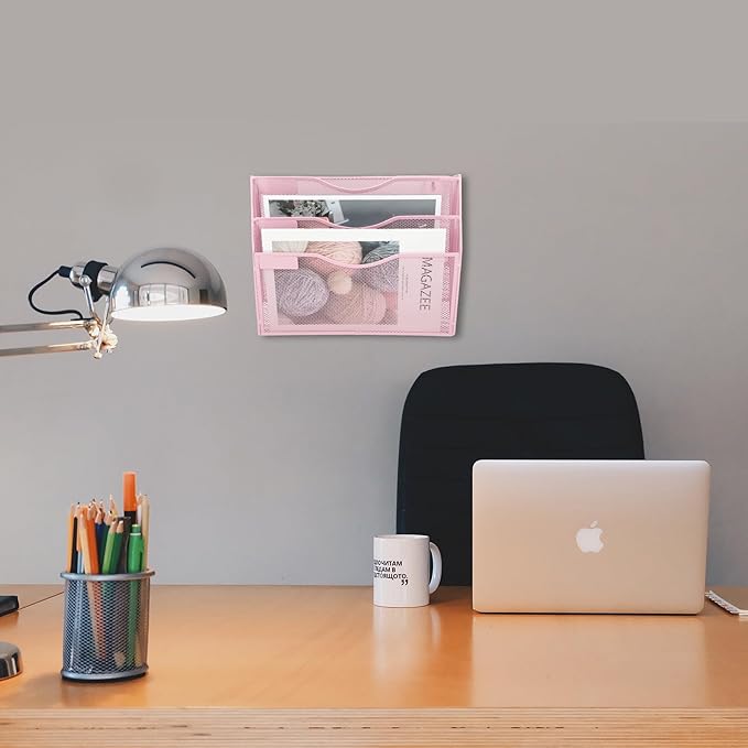 EASEPRES 3 Pocket Mesh Hanging Wall File Organizer, Wall Mounted Mail Paper Document Folder Holder, Clipboard Storage Organization Magazine Rack with Nametag Label for Office Home School, Pink-DeskLoop Office