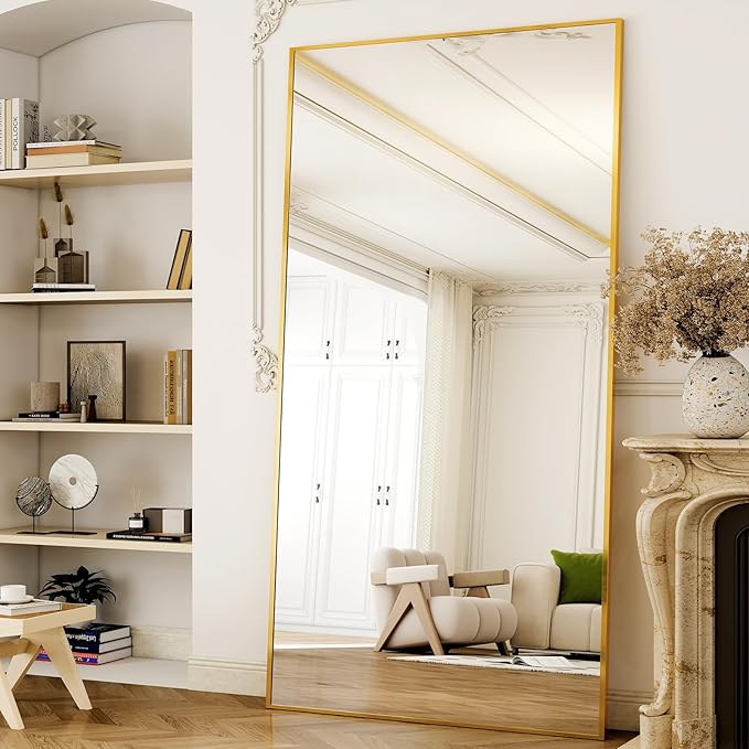 GLSLAND-38 x 77" Rectangular Full Length Mirror - Large Floor Mirrors Aluminum Alloy Frame Full Body Dressing Mirror for Bedroom, Living Room,Gold-DeskLoop Office